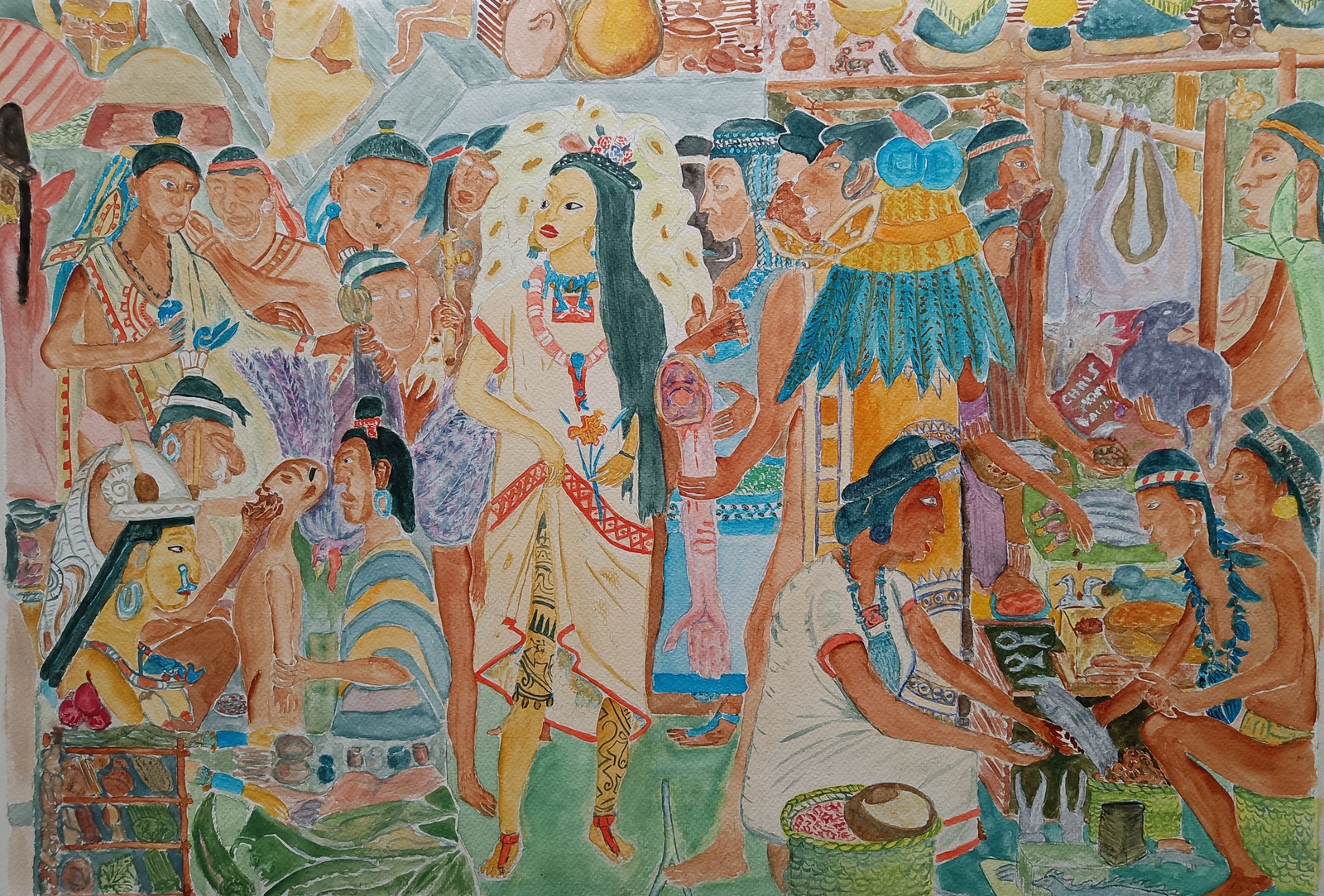 Muurschildering van Indianen in Mexico