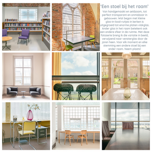 Van handgemaakt en zeldzaam, tot perfect transparant en onmisbaar in gebouwen. Wat begon met kleine glas-in-lood-ruitjes in kerken is uitgegroeid tot enorme platen vlakglas. Ander glas in het raam betekent ook een andere sfeer in de ruimte. Met deze fotoserie breng ik die variatie in beeld, verwijzend naar vensterglas door de jaren heen. Voor elk moment en elke stemming een andere stoel bij een ander raam. Neem plaats!