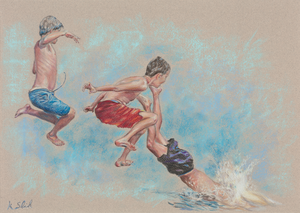 Tekeningen en schilderijen in pastel, olieverf of kleurpotlood, met als rode draad beweging en levendigheid