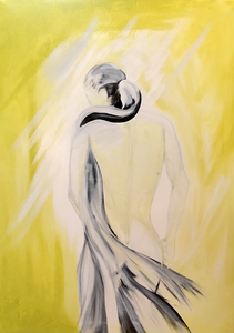 Intuïtief werk. Dat betekend beelden die in me opkomen, gevoelens, plaatjes die op doek moeten. 