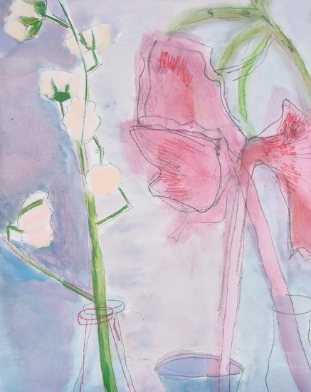 Bloemencompositie rose-blauw