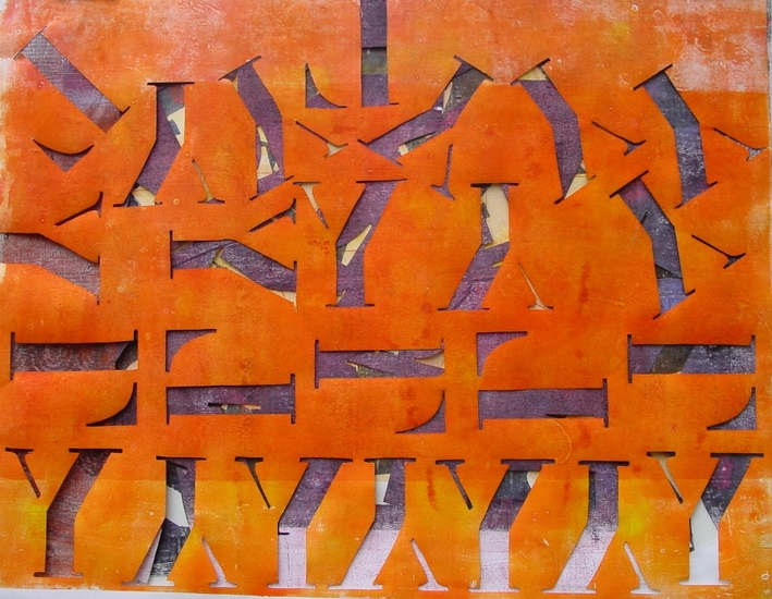 Collage drukplaatletters oranje/paars