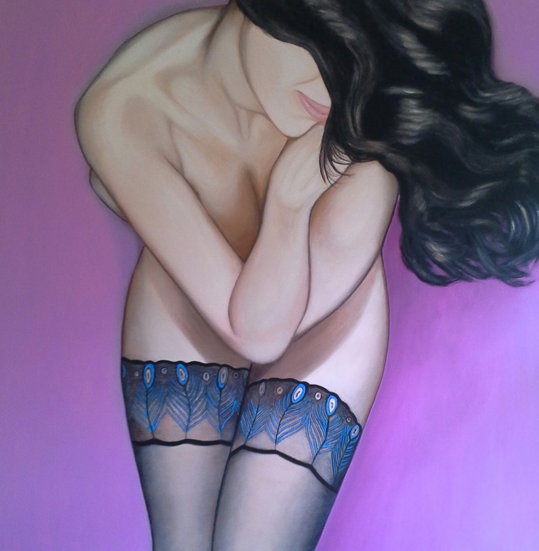 Lady dressed in peacock feather nylon stockings