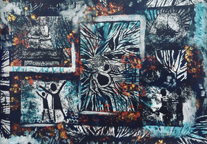 Monoprint is een bepaalde druktechniek, je maakt eerst een tekening en dan snij je dat uit op een soort linoleum en vervolgens kun je dat afdrukken op vele manieren.
Ik schilder erbij en maak het met stiften en lijnen af.