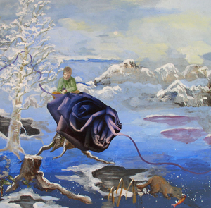 schilderijen met collage-elementen geschilderd op hout