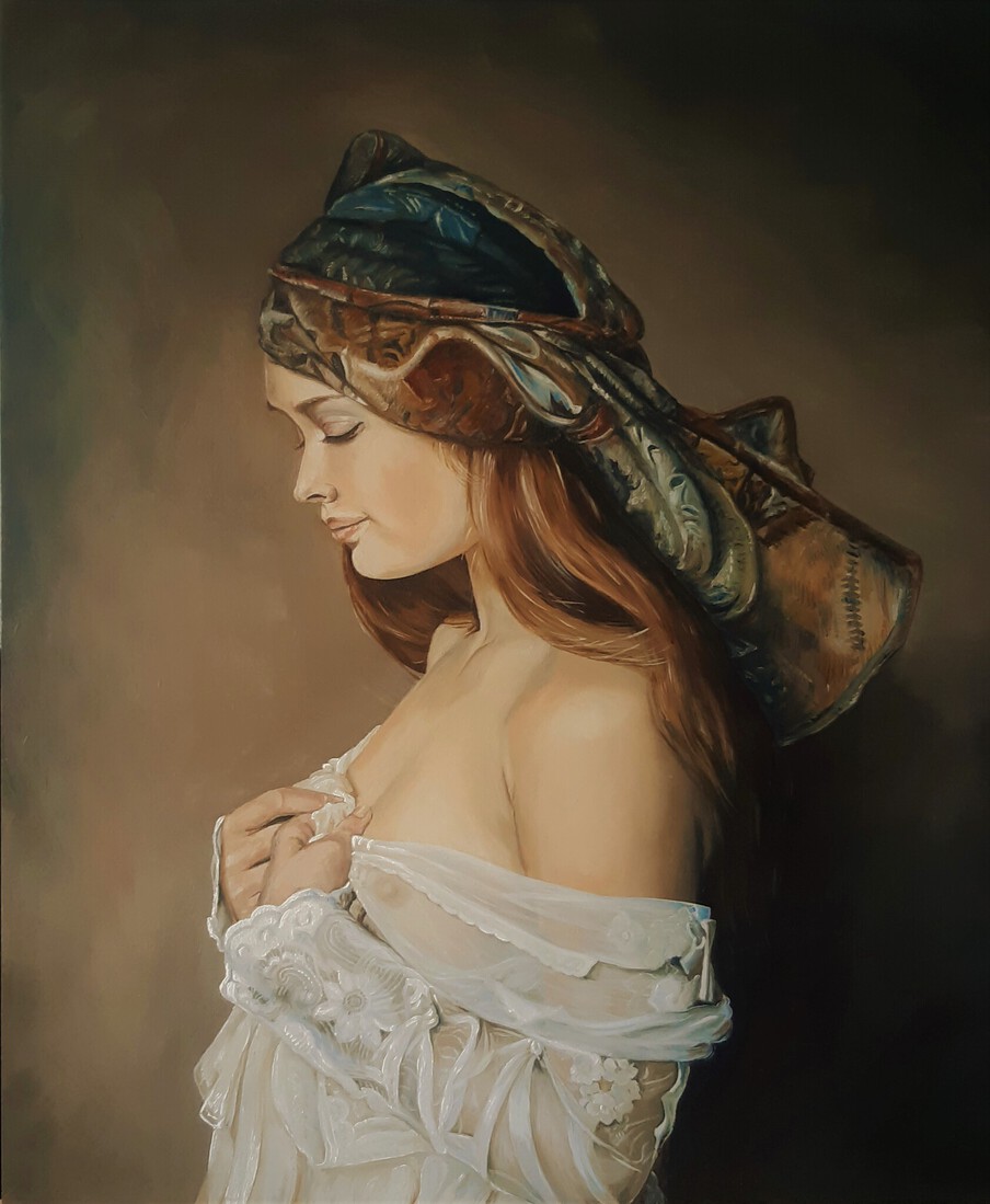 Vrouw met hoofddoek. vrij naar Marchenikov