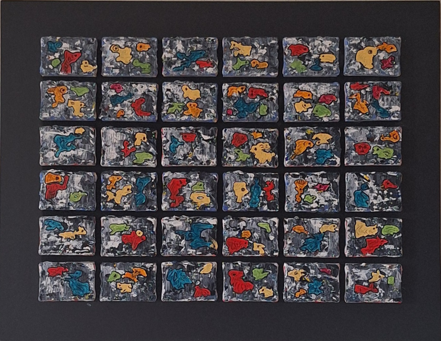 Nr.1457. Schilderij met 36 mini doekjes, acryl.