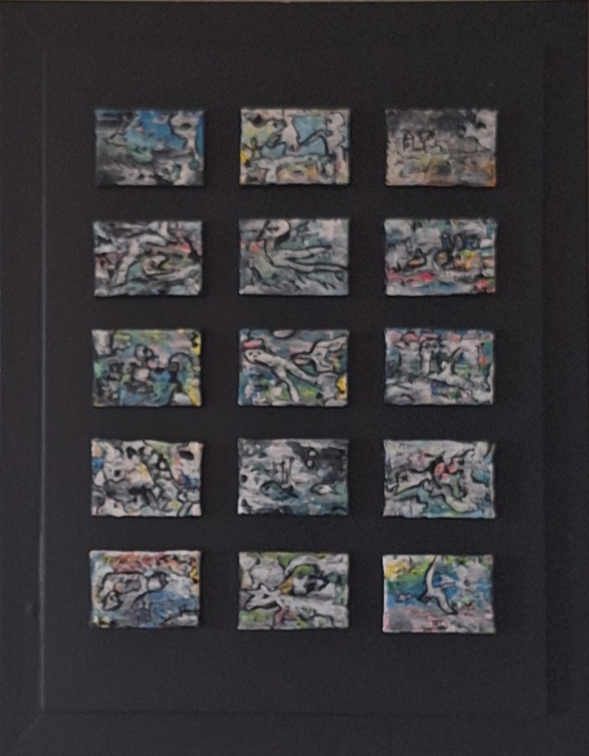 Nr.1532. Schilderij met 15 doekjes acryl op paneel.
