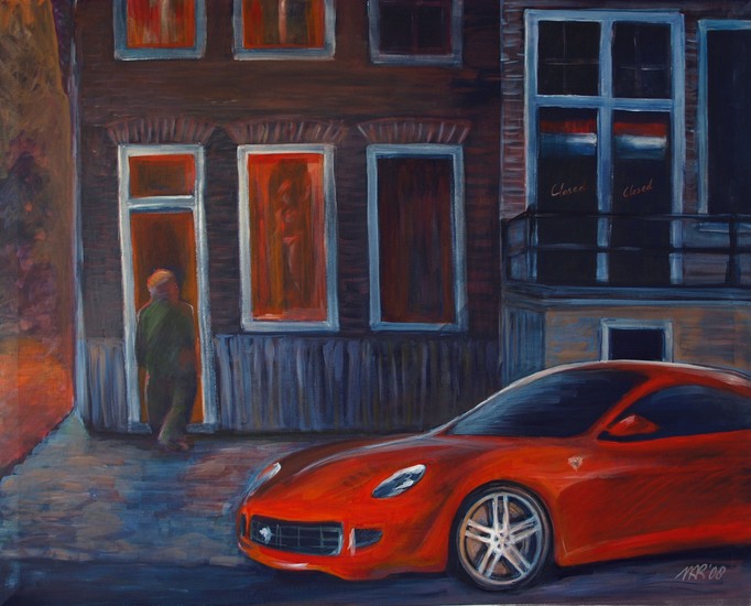 De rode Ferrari staat buiten