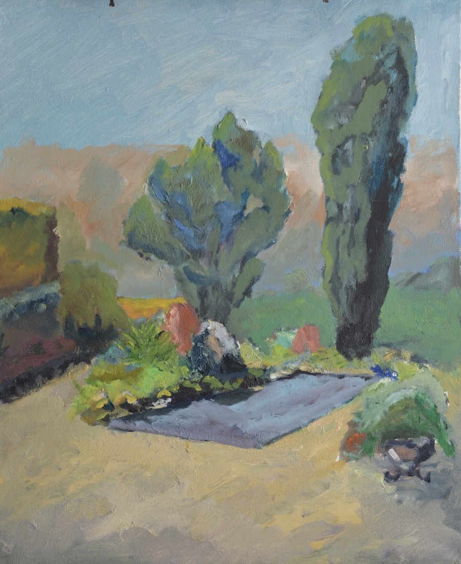 Grafsteen met cipressen