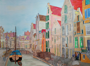 Dit werkstuk laat een Amsterdamse gracht zien rond 1850. De Nieuwezijds Achterburgwal was een gracht met werkplaatsen, fabriekjes, paardestallen en daar tussen woonhuizen. Als media is acrylverf, waterverf en pastels gebruikt op multimedia papier. Het stuk is 61 cm x 45 cm.