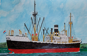 Schepen aanschouwen doet mensen vaak denken aan verre landen. Schepen zijn ook mooie onderwerpen voor kunstenaars. Hier een voorbeeld van een schip dat ooit in dienst van de KNSM meestal naar Zuid Amerika vaarde. Het was gebouwd in Canada in 1946.