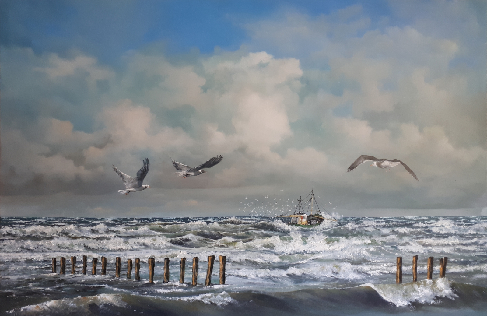 Vissersboot in de branding. 