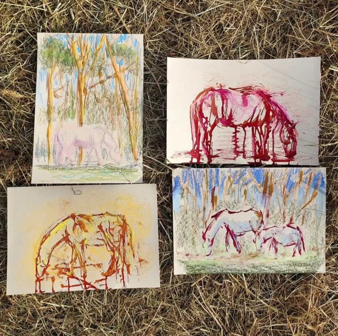 Paarden mixed media plein air