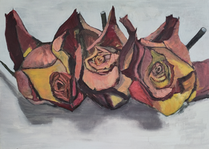 I started a still-life series of roses after a colleague gave me roses as a thank you for our conversation earlier about a shared difficult experience. In these still-life-series paintings, I express our similar painful experience, which we cannot express to others. The series began with fresh roses and concluded after ten paintings with dry roses. My colleague and I see the drying of the roses as the process of dealing with our painful experience.