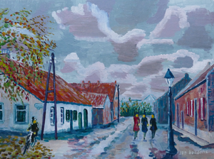 Deze schilderijen zijn gebaseerd op oude oude ansichtkaarten. Geschilderd net nadat de fotograaf vertrokken is en de personen uit hun pose verrijzen en tot de gewone zaken overgaan.