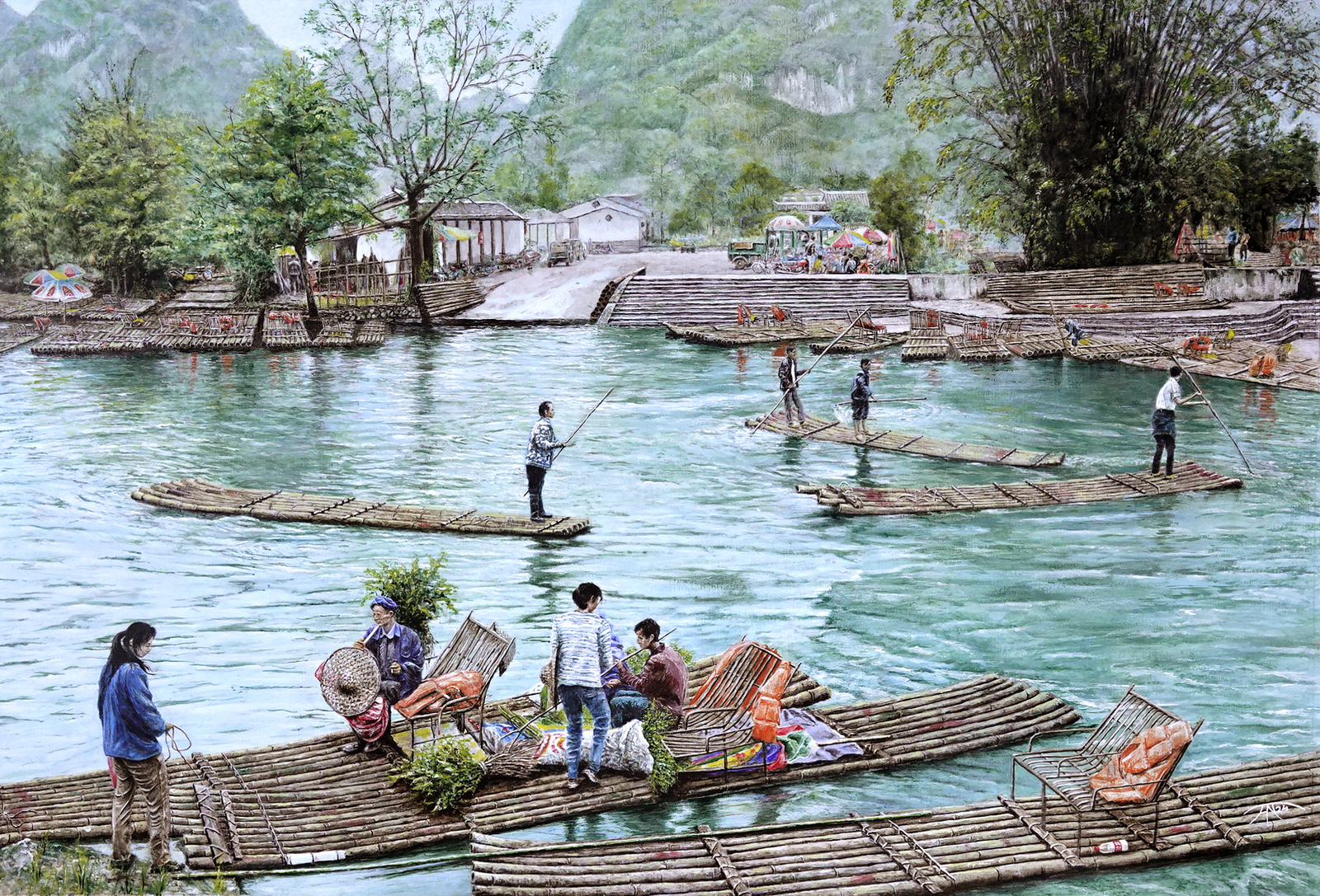 Bamboe veerboten op de Yulong rivier