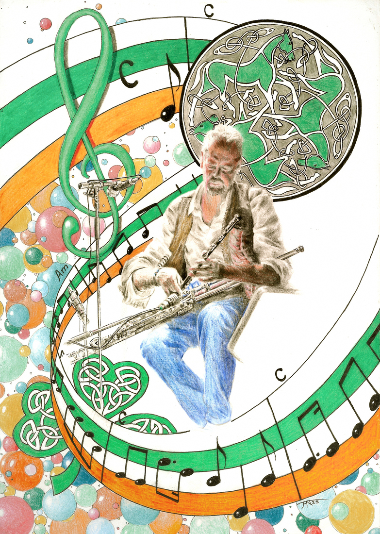 Ierse doedelzak (Uilleann pipes) speler en  'Whiskey In The Jar'.