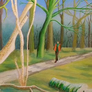 In deze schilderijen wordt de kijker meegenomen op een wandeling door een kleurrijk en bijna magisch boslandschap.