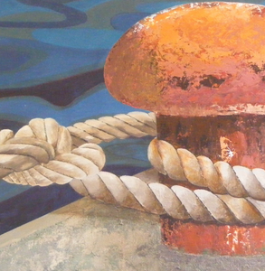 De schilderijen tonen verschillende bolders en meerpalen, die worden gebruikt in havens om schepen aan te meren.