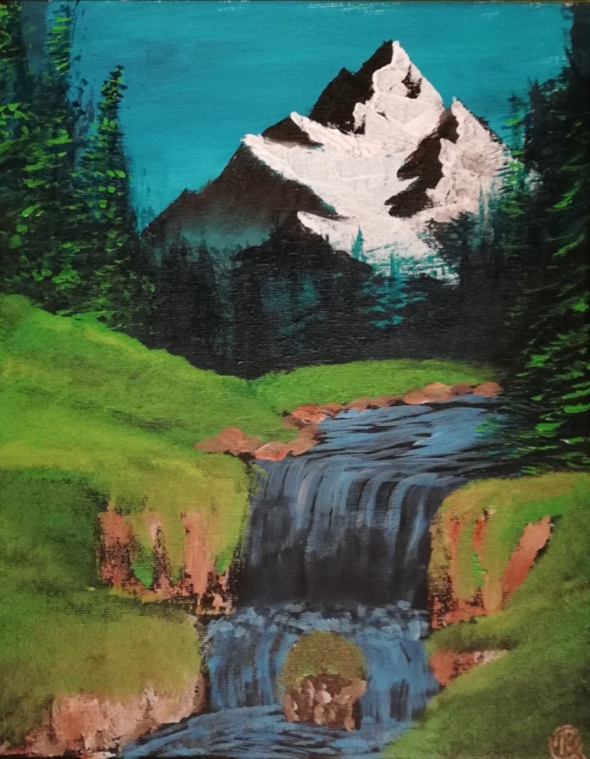 Green landscape with mountain and waterfall