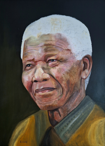 Nelson Mandela geschilderd op canvas met olieverf.