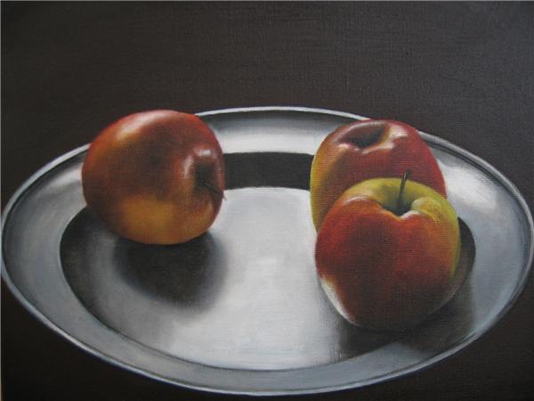 3 appels op tinnen bord