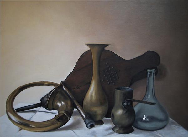 stilleven met koper en glas