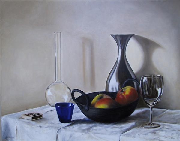 Stilleven met appels en blauw glas