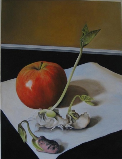 stilleven met appel en bonen