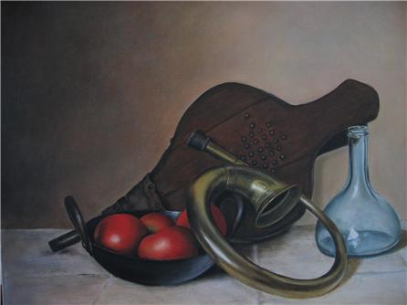 stilleven met brocante en rode appels