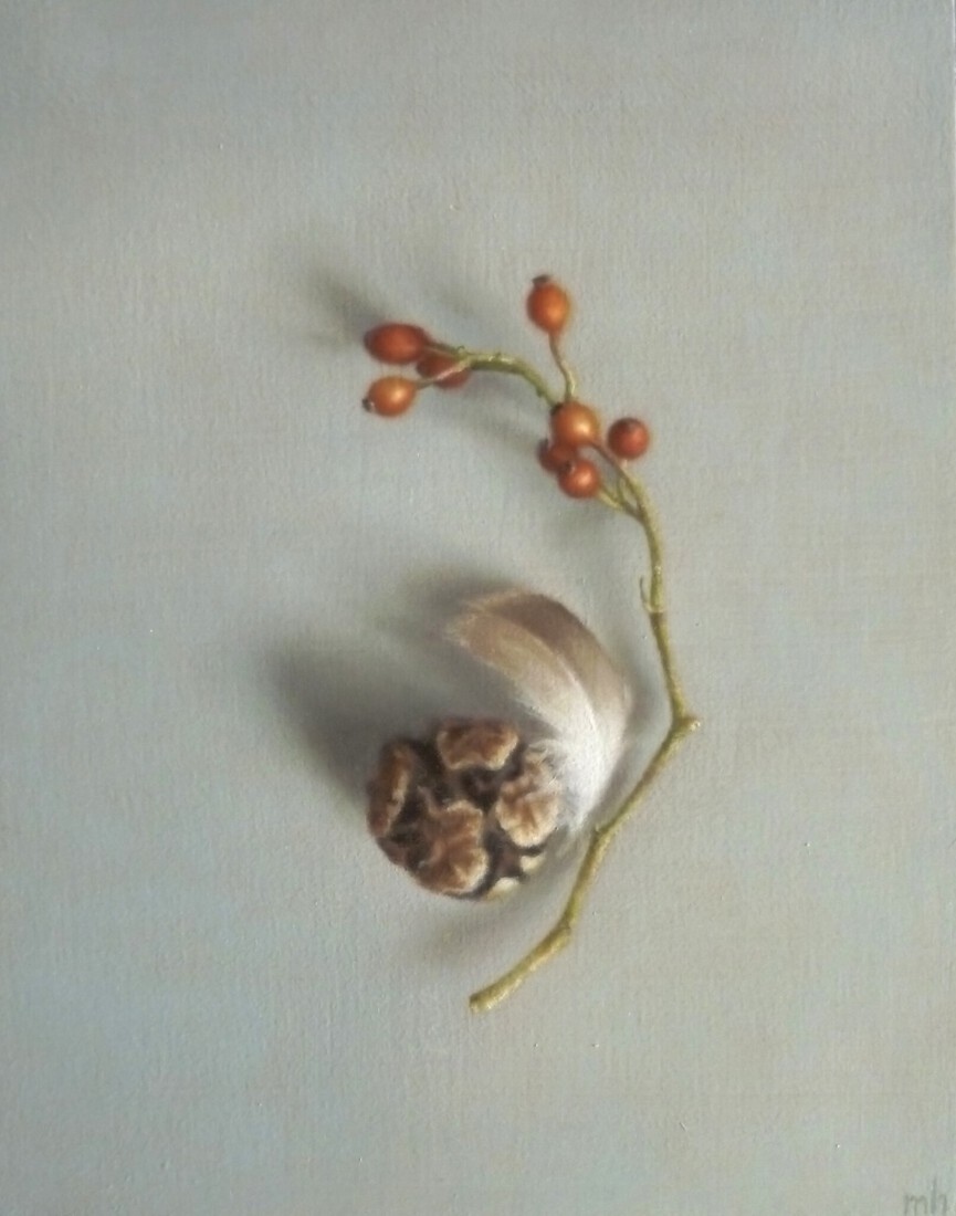 Dennenappel, veer en rozenbottel