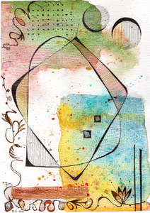 Aquarels in combinatie met mixed media. Een basis van aquarel, aangevuld met inkt, pen en gouden accenten.