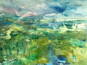 Irene is in het landschap en wordt getroffen door wat zij om haar heen ziet; het bewegende water, de kleuren en patronen van het land, je voelt de wind. 
Aarde, water, lucht en vuur.
Deze observatie van de natuur ervaart Irene als abstracte waarnemingen van lijnen en kleuren en vlakken, die het karakteristieke van het fenomeen natuur bepalen.
Zij schildert het beeld wat zich aan haar voordoet, losgekomen van de werkelijkheid.

