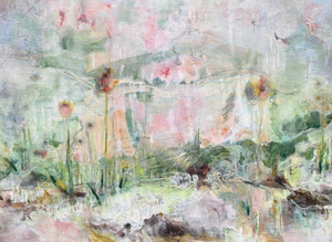 Van intieme tuin naar landschap.
Meer landschappelijke werken richten de blik op de aarde zelf, met natuurlijke pigmenten, waardoor het materiaal zelf deel wordt van het verhaal, waarin groei, ritme en verstilling samenkomen.