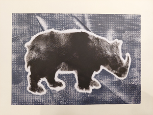 Monoprints en collages met als inspiratiebron de Rhinocerus van Albrecht Dürer (1417-1528).