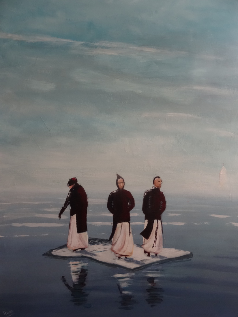 Klimaatverandering, monniken op ijsschots