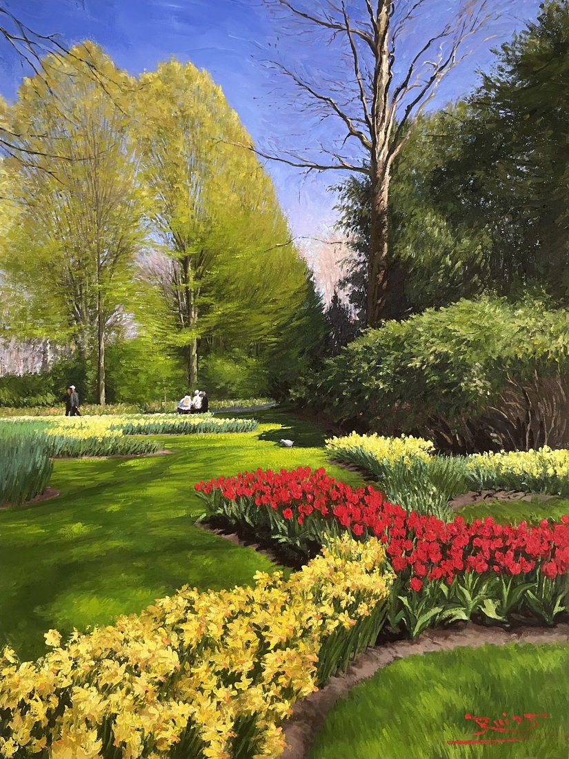Narcissen en rode tulpen in Keukenhof 