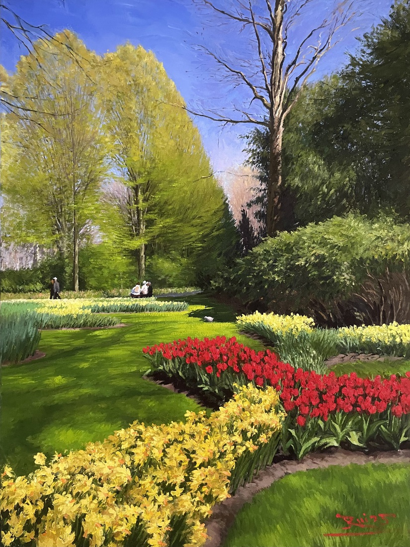 Narcissen en rode tulpen in Keukenhof 