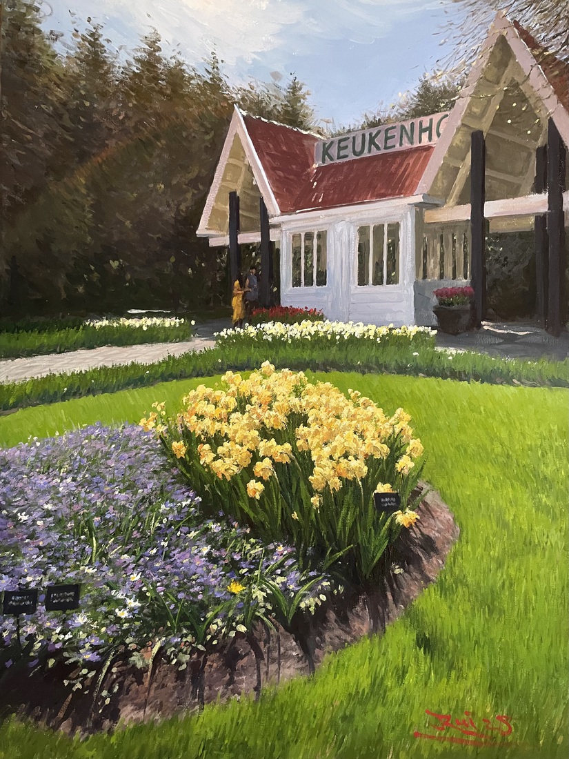 Narcissus en wit huis in Keukenhof