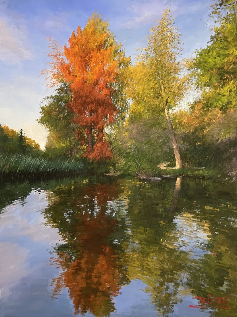 Drie bomen gespiegeld in Parmengarten Frankfurt