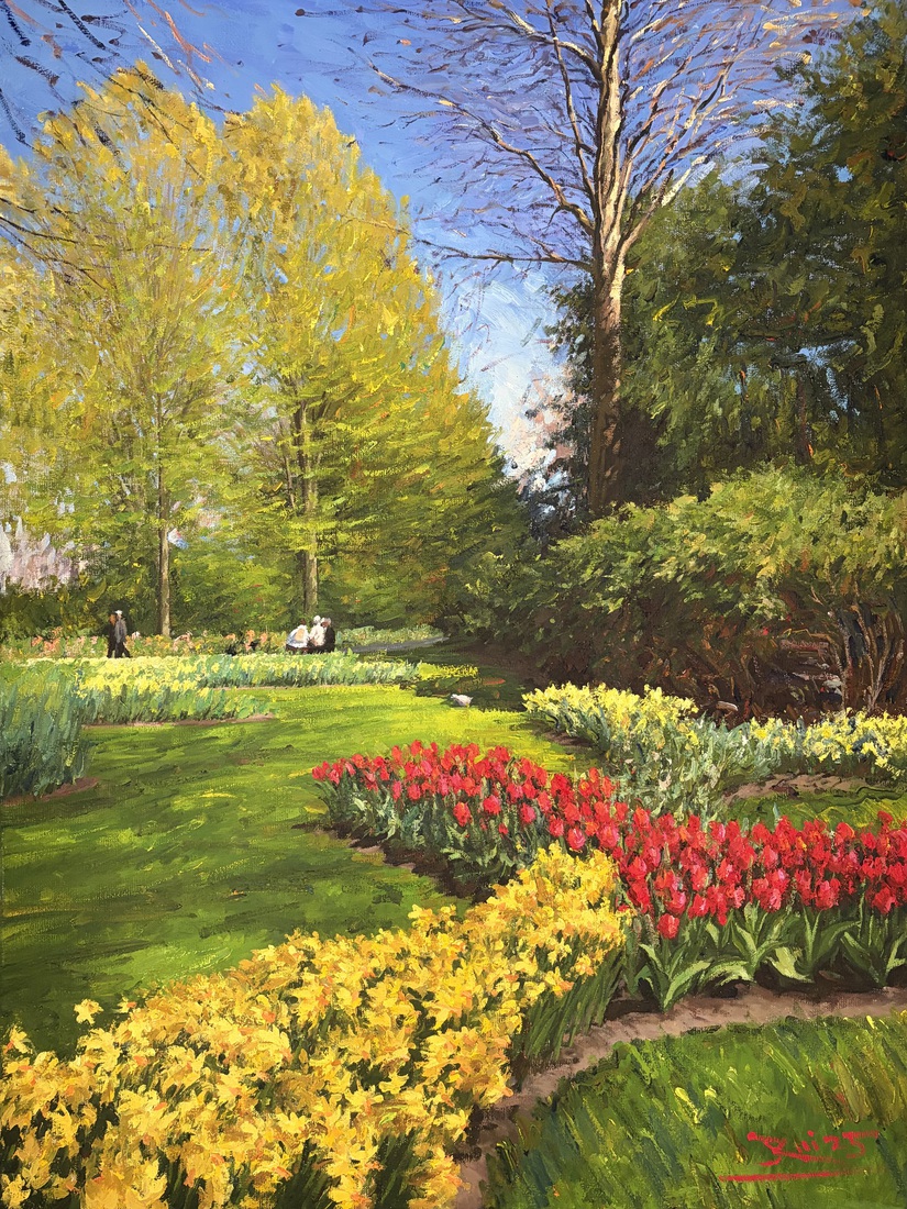 Narcissen en rode tulpen in Keukenhof 