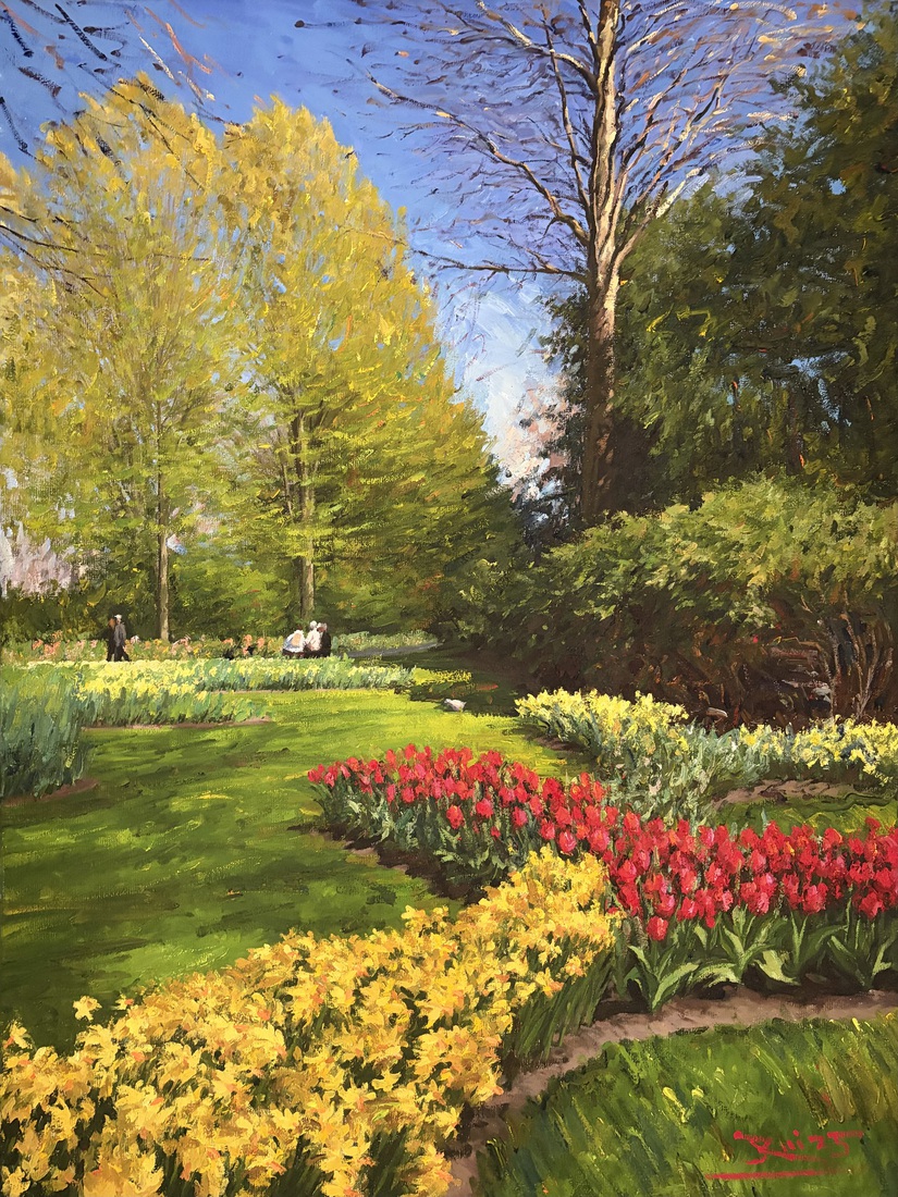 Narcissen en rode tulpen in Keukenhof 