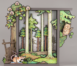 Houten bakjes gevuld met getekende en uitgezaagde 3D illustraties