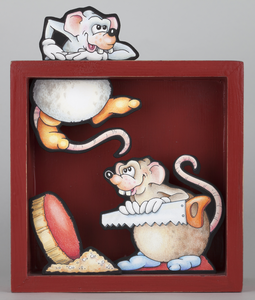 Houten bakjes gevuld met getekende en uitgezaagde 3D illustraties.