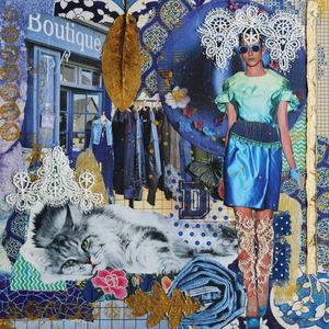 Collages met allemaal een vrouw als hoofdfiguur, op een ondergrond van 18 mm dik multiplex. 