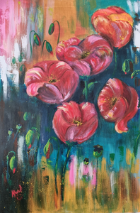 In deze groep staan alle bloemschilderijen bij elkaar. Ik hou ervan om bloemen te schilderen, niet exact maar juist het gevoel van uitbundige vrolijkheid en zomergevoel, dat hoop ik dat het opwekt. 